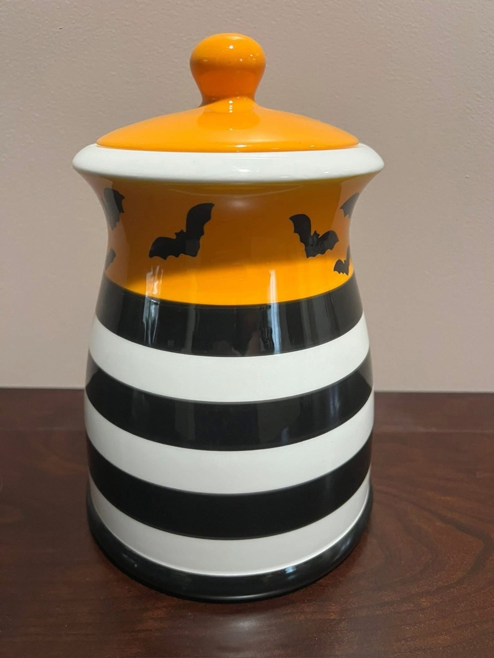 Terramoto Halloween Stripe Ceramic Canister - Orange, Black and white stripes